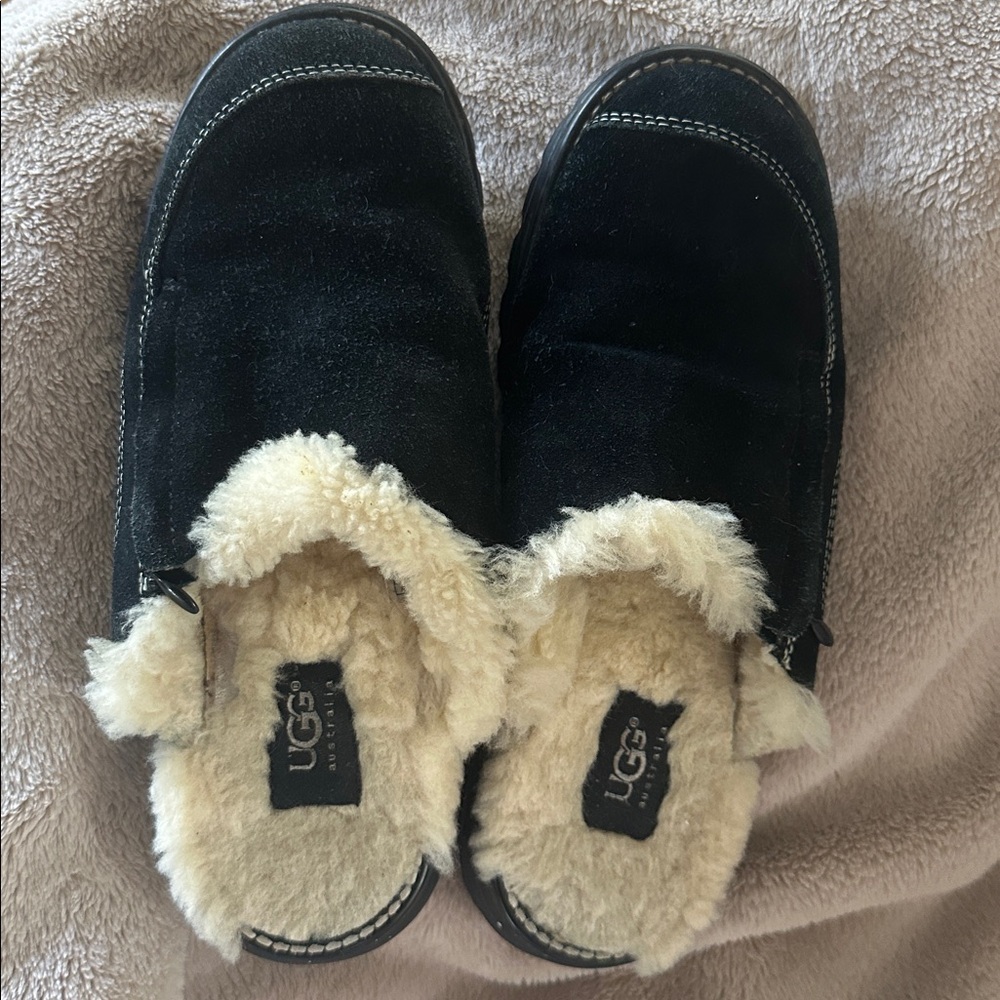 UGG Black and Cream Shearling Slip-Ons